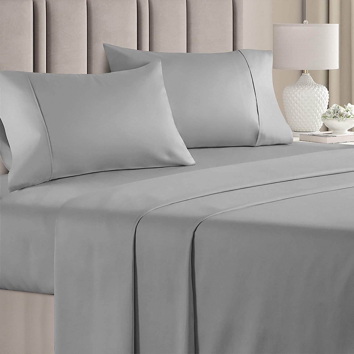 100% Pure Egyptian Cotton Full Silver Sheet Set – 400 Thread Count- 4 Piece- Sateen Weave- Long Staple Combed Cotton-Extra Soft Smooth Silky- Sateen Weave (Full ,Silver)