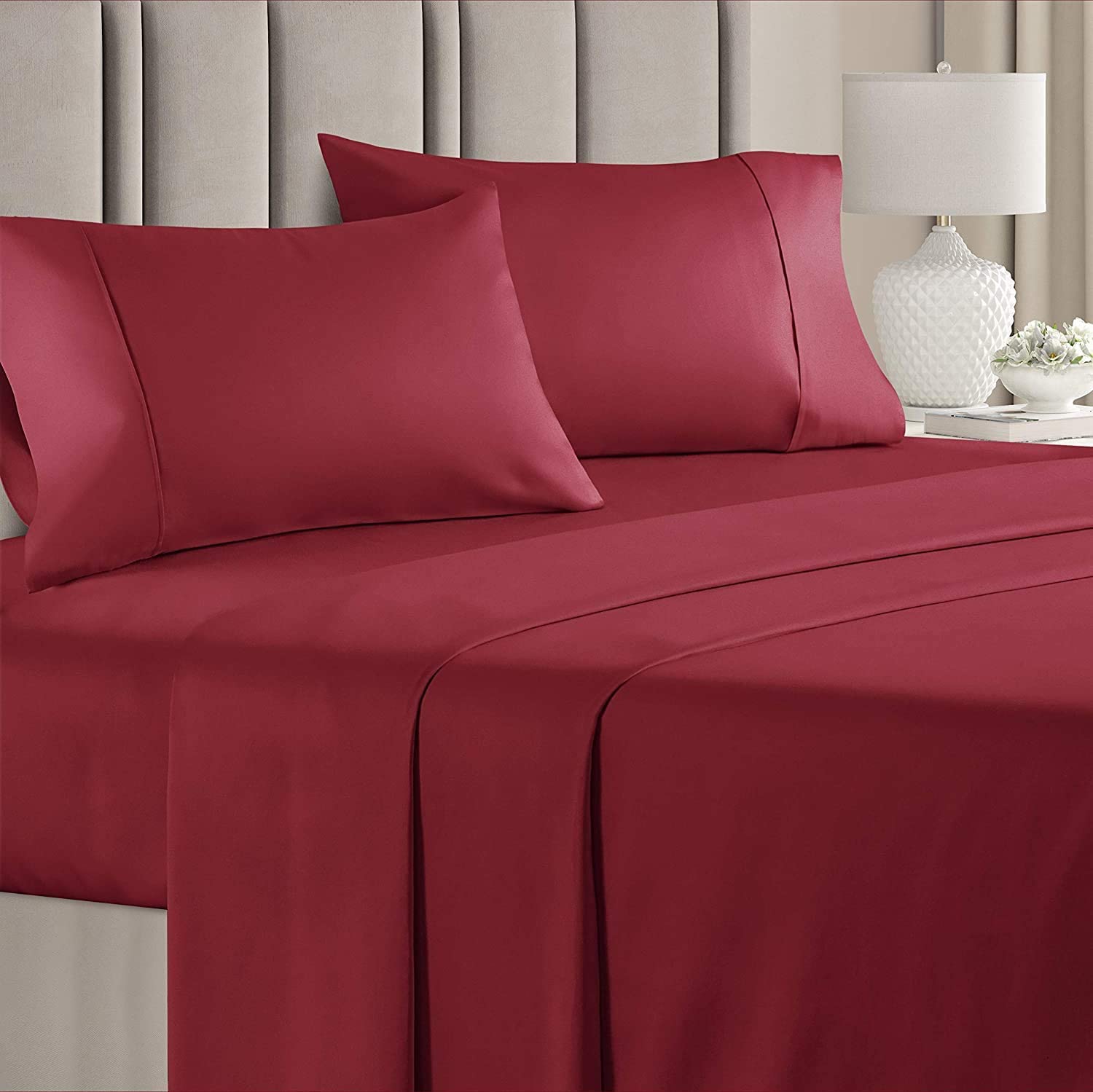 AURORA PLUS Certified 100% Pure Egyptian Cotton Sheet Set – 400 Thread Count- 4 Piece- Sateen Weave- Long Staple Combed Cotton-Extra Soft Smooth Silky- Sateen Weave (Queen,Burgundy)